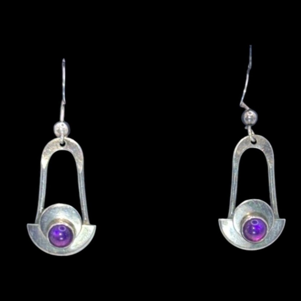 Vintage 925 Sterling Silver & Amethyst Earrings Modernist Design